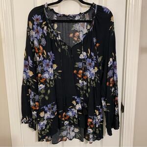 American Eagle Black Floral Print Boho Blouse Size XXL